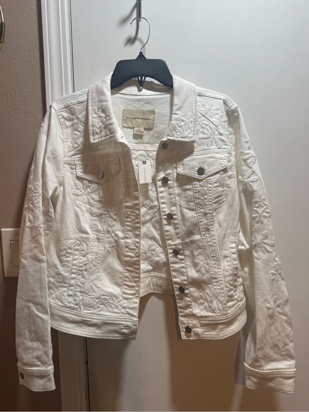 NWT Anthropologie Pilcro Embroidered White Denim Jacket Size L